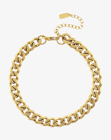 Bold 9mm waterproof curb chain anklet in gold with 2" extender and branded jewelry tag. 