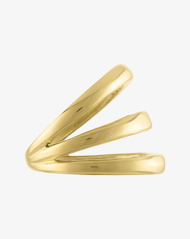 side view of gold waterproof ring with multi layered lines shown on grey background.
